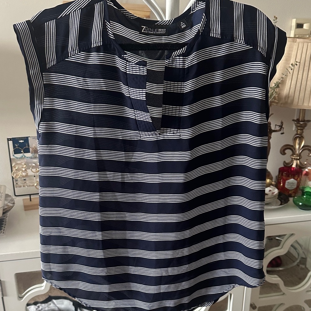New York & Company Navy and White Striped Blouse